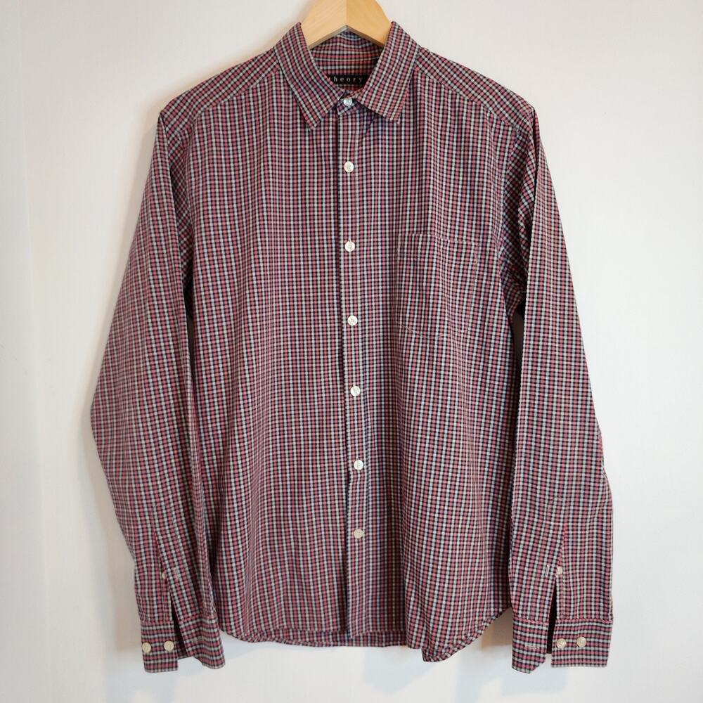 Theory Mens Large Gingham Plaid Cotton Long Sleeve Button Down Shirt